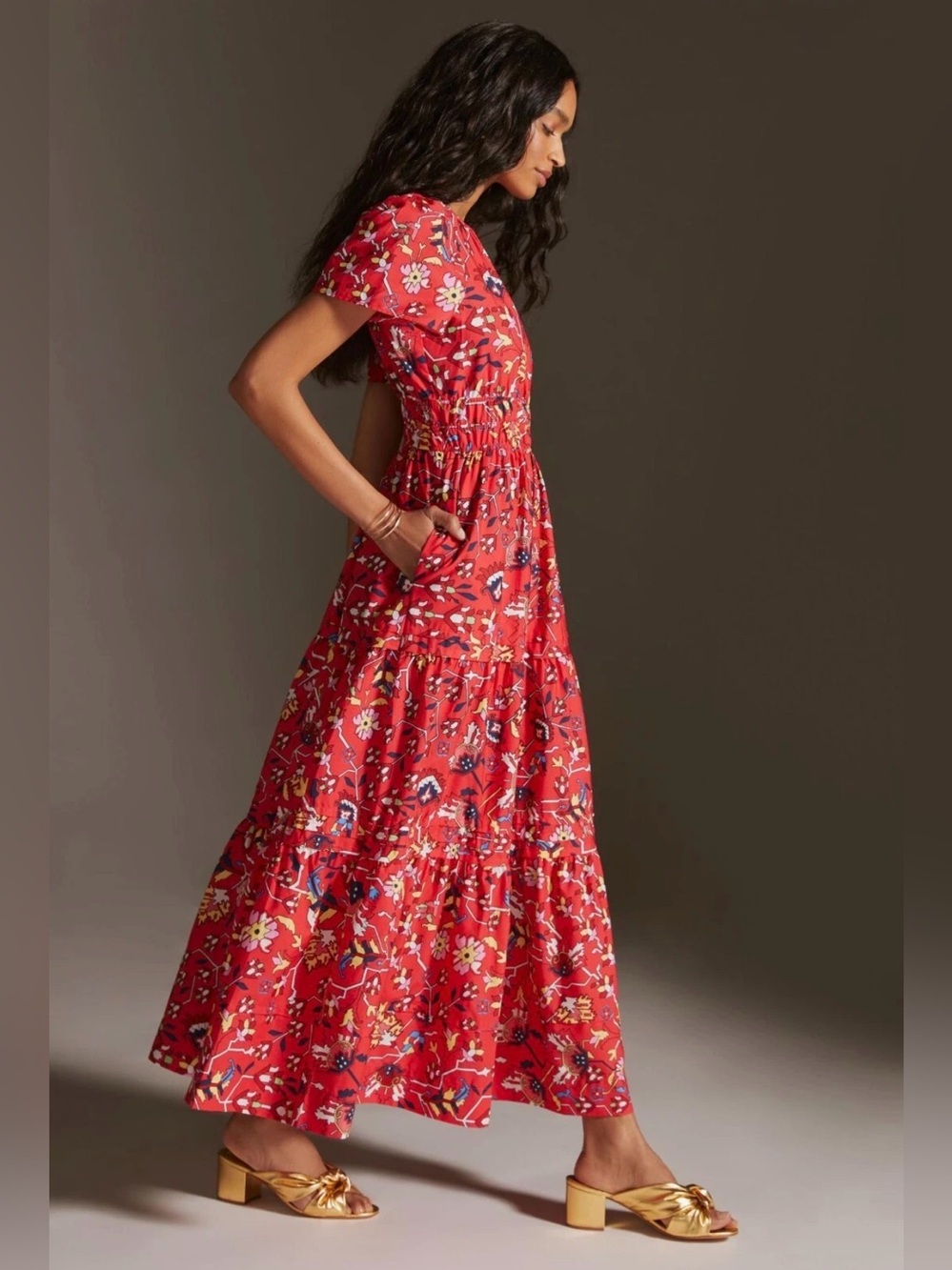 Anthropologie Maeve Somerset Maxi in Red Geo Floral Print Cotton Dress, Size Med - Picture 2 of 9